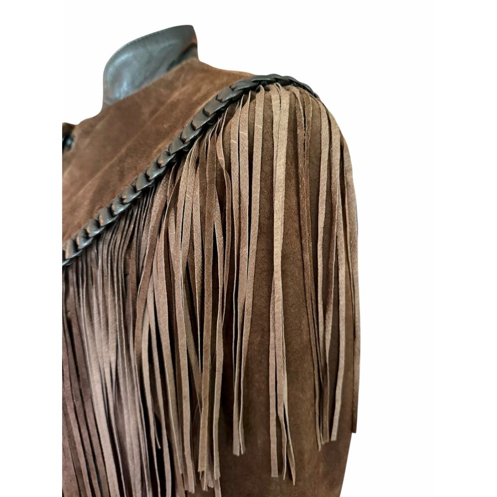 Cache Brown Suede Leather Fringe Western Crop Jacket Concho Buttons Vintage - Picture 9 of 13